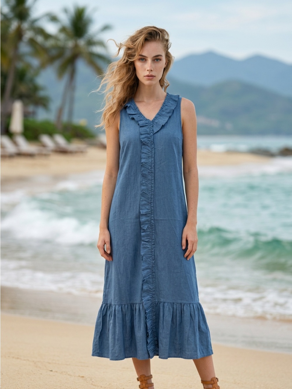 Sleeveless Ruffle Trim Midi Cover-Up Dress in Denim Blue